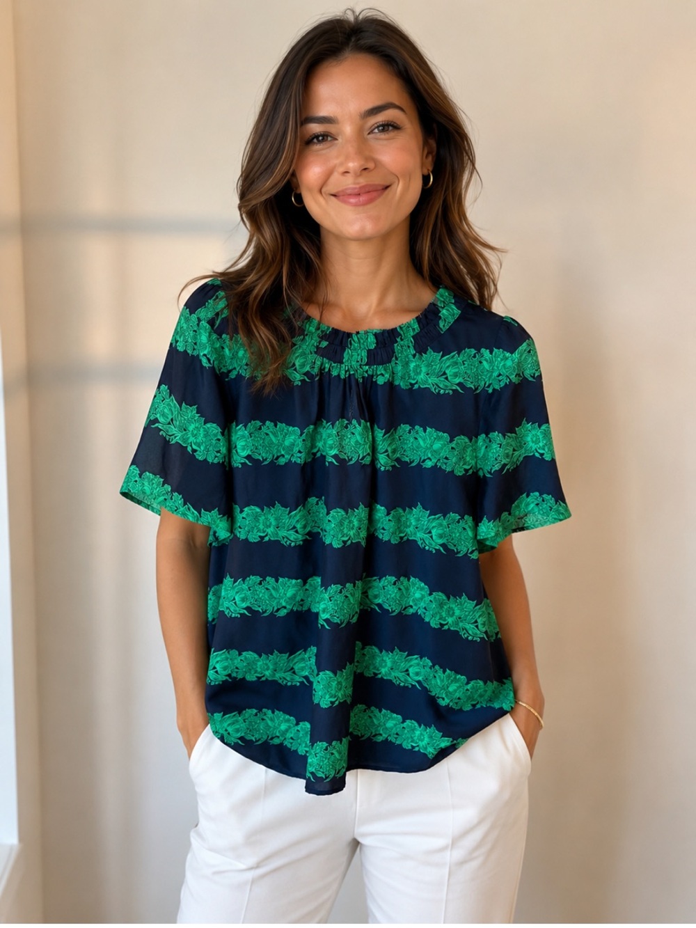 J. Crew Navy Blue & Green Floral Stripe Blouse – Short Sleeve Top Size 18
